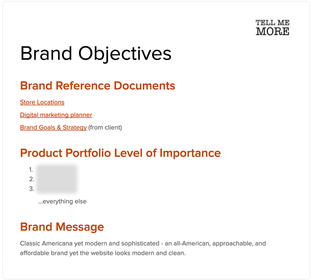 Screenshot of a spreadsheet listing brand objectives, strategies, and KPIs in a structured table format