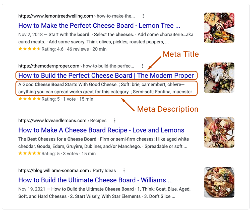 Highlighted screenshot illustrating a meta title displayed in a Google search result snippet