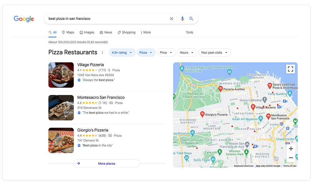Screenshot of Google local results displaying pizza restaurants in San Francisco