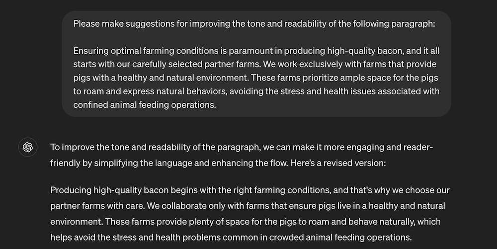 Screenshot of a ChatGPT prompt soliciting input on how to improve the tone and readability of an article excerpt