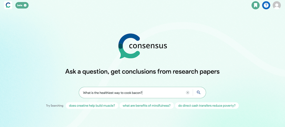 Screenshot of a Consensus search seeking research on healthy ways to cook bacon.