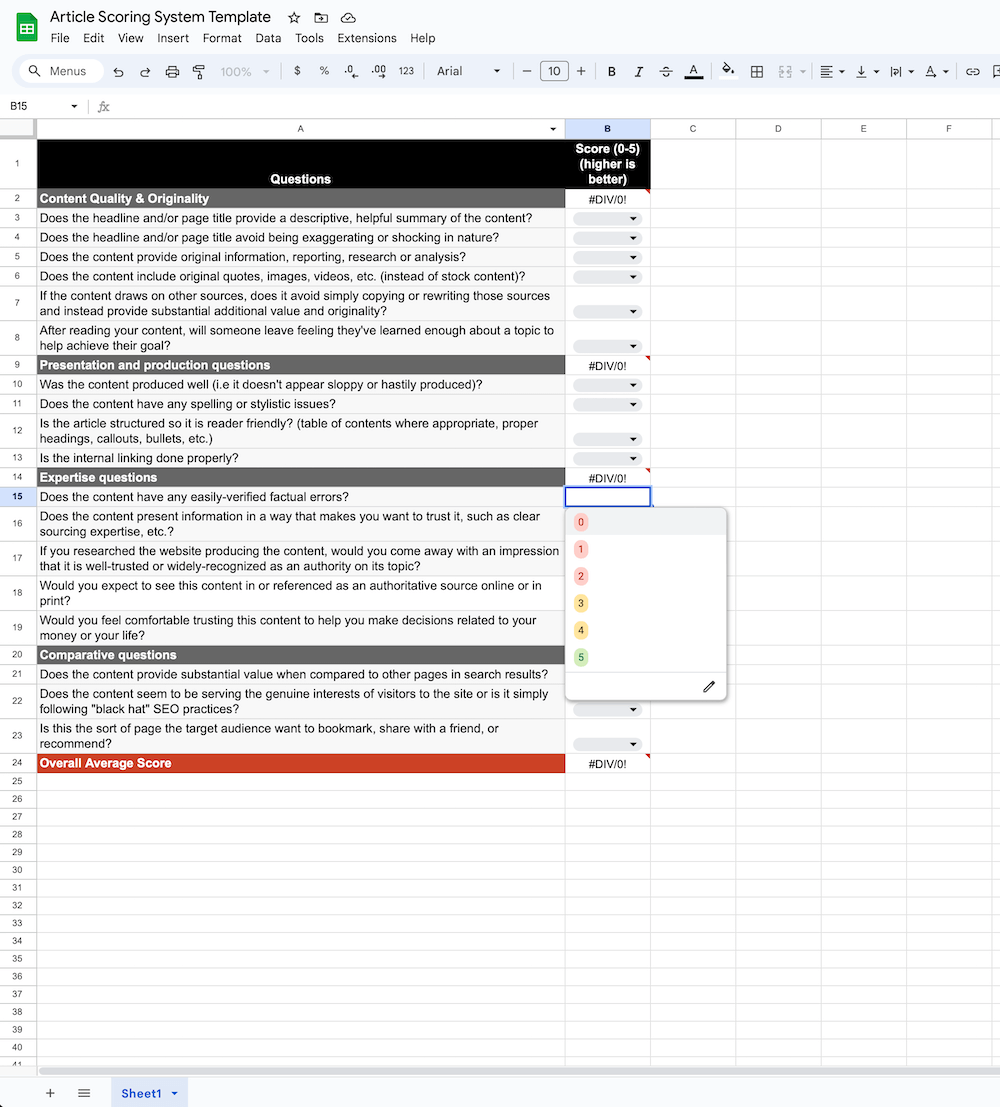 Screenshot of an article assessment template created in Google Sheets.