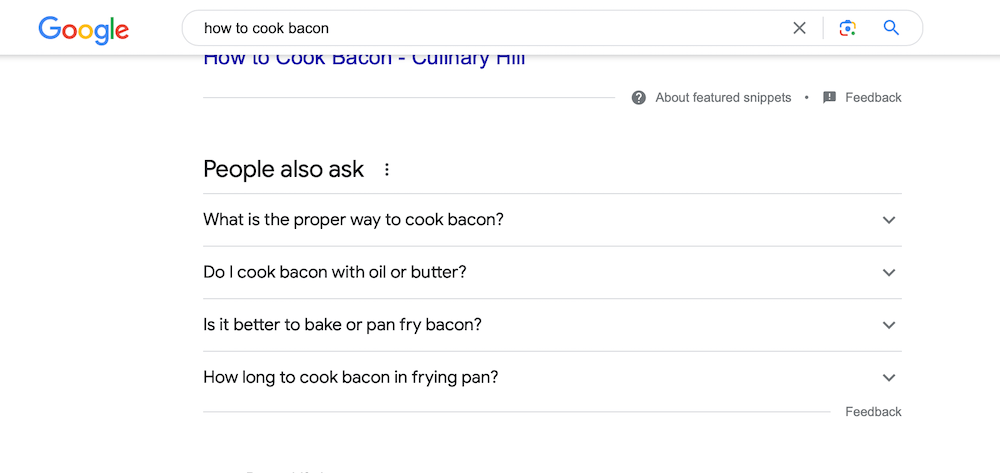 Screenshot of Google “People also ask” results for the search “how to cook bacon”.
