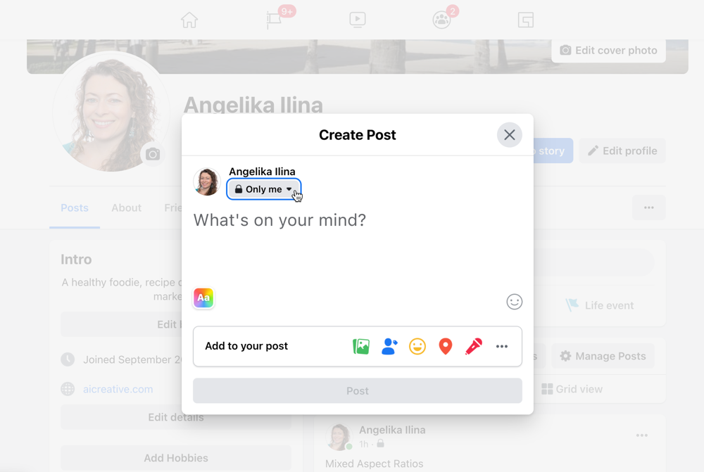 Screenshot demonstrating how to preview or test Facebook posts privately using the
